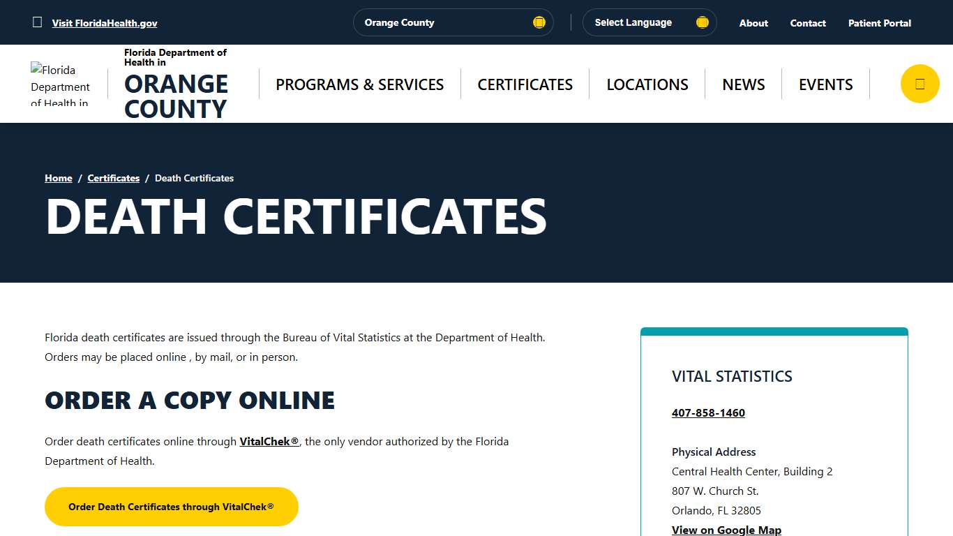 Death Certificates - Florida Department of Health in Orange County